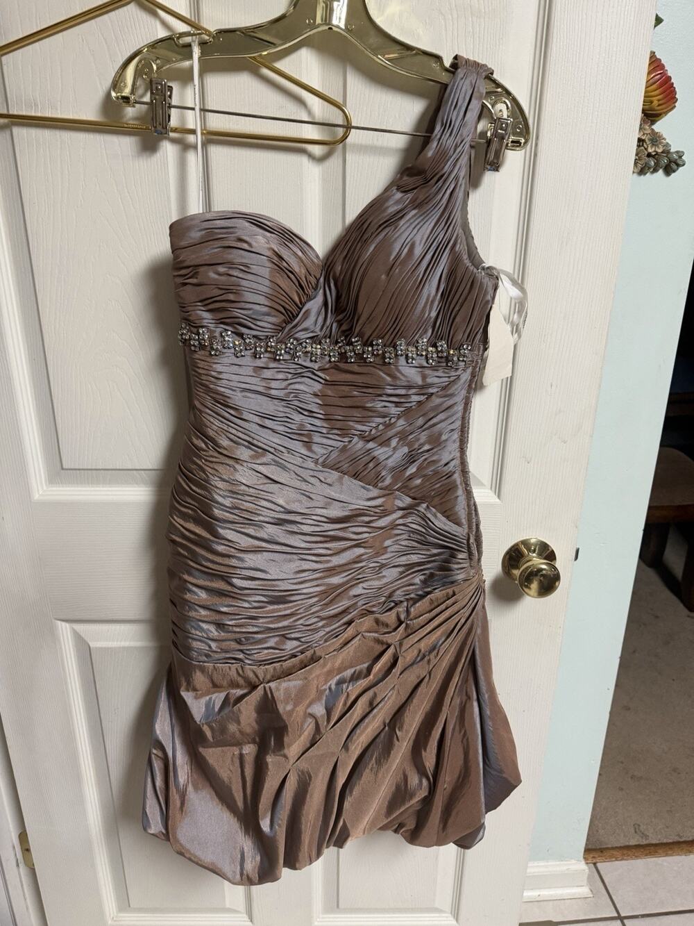 Tony Bowls Short Gown Formal One Shoulder Dress Ruched Brown Sexy Small 32x38